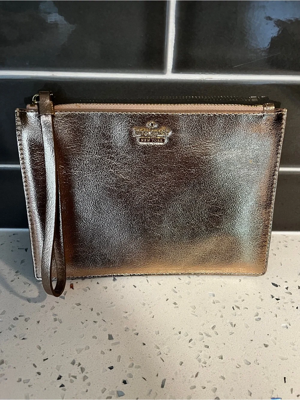 Kate Spade New York Metallic Rose Gold Leather Wristlet Clutch